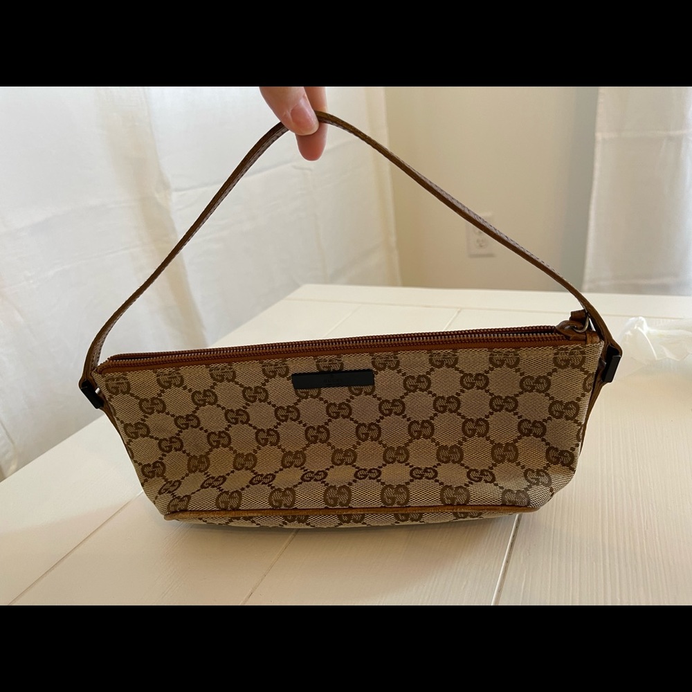 Gucci Pouchette Brown Canvas/Leather Baguette